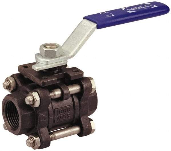 NIBCO - 1/4" Pipe, Full Port, Carbon Steel Standard Ball Valve - 3 Piece, Inline - One Way Flow, FNPT x FNPT Ends, Locking Lever Handle, 1,000 WOG - Industrial Tool & Supply