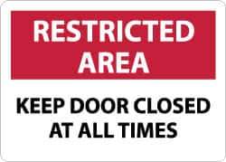 NMC - "Restricted Area - Keep Door Closed at All Times", 10" Long x 14" Wide, Aluminum Safety Sign - Rectangle, 0.04" Thick, Use for Security & Admittance - Industrial Tool & Supply