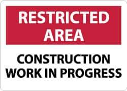 NMC - "Restricted Area - Construction Work in Progress", 10" Long x 14" Wide, Aluminum Safety Sign - Rectangle, 0.04" Thick, Use for Security & Admittance - Industrial Tool & Supply