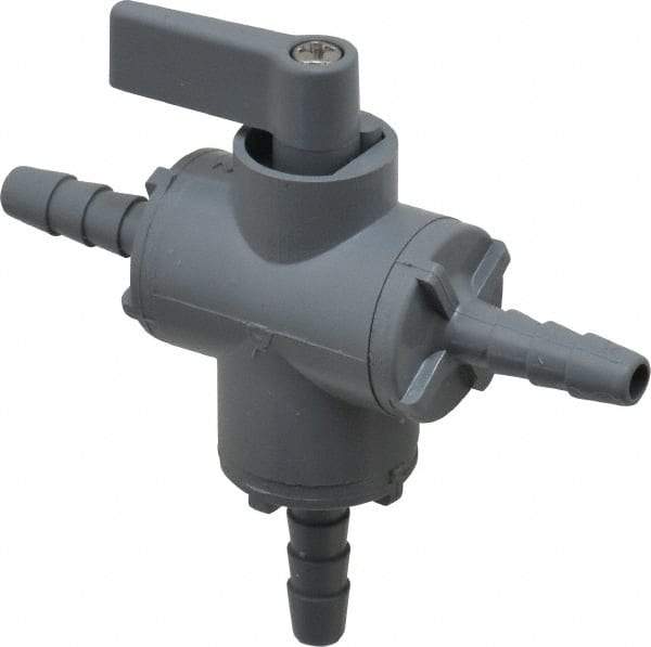Specialty Mfr - 1/4" Pipe, PVC Standard Ball Valve - Three Way, Barbed x Barbed x Barbed Ends, Wedge Handle, 125 WOG - Industrial Tool & Supply