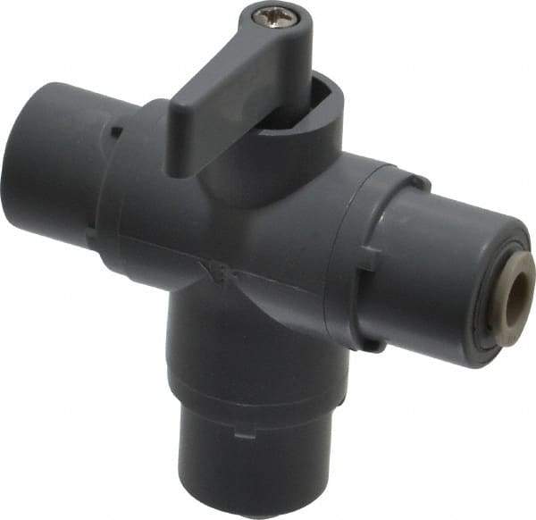 Specialty Mfr - 1/4" Pipe, PVC Standard Ball Valve - Three Way, Push-to-Connect x Push-to-Connect x Push-to-Connect Ends, Wedge Handle, 125 WOG - Industrial Tool & Supply
