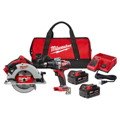 Cordless Tool Combination Kit: 18V 2902-20 M18 Brushless 1/2″Hammer Drill, 2631-20 M18 Brushless 7-1/4″Circular Saw, (2) 48-11-1840 M18 XC4.0 Battery, 48-59-1812 M18 & M12 Charger, 50-55-3550 Contractor Bag