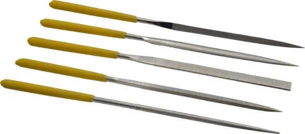 Value Collection - 5 Piece Diamond Pattern File Set - 5-1/2" Long, Fine Coarseness, Set Includes Flat, Round, Square, Three Square - Industrial Tool & Supply