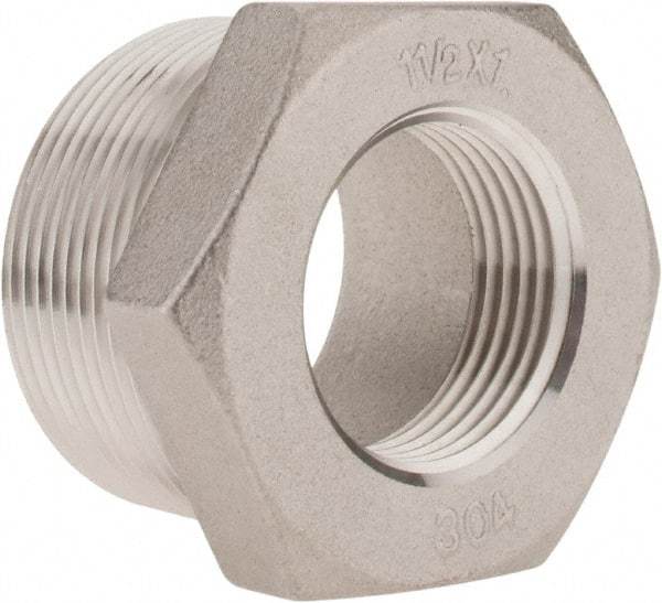 Merit Brass - 1-1/2 x 1" Grade 304 Stainless Steel Pipe Hex Bushing - MNPT x FNPT End Connections, 150 psi - Industrial Tool & Supply