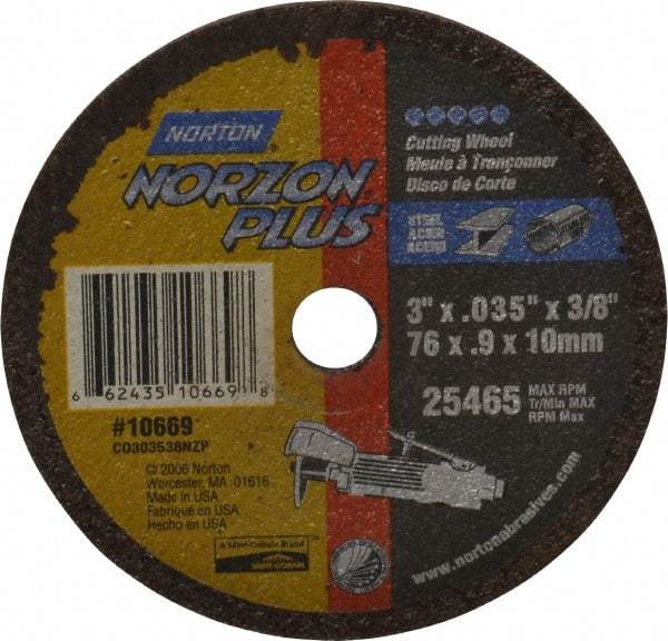 Norton - 3" Ceramic Cutoff Wheel - 0.035" Thick, 3/8" Arbor, 25,465 Max RPM, Use with Die Grinders - Industrial Tool & Supply