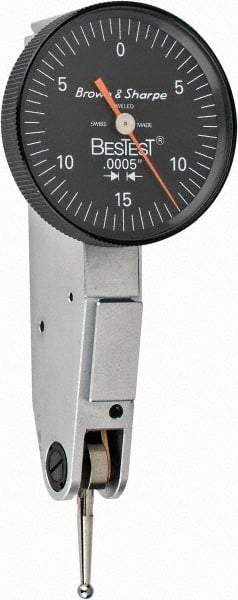 TESA Brown & Sharpe - 0.03 Inch Range, 0.0005 Inch Dial Graduation, Horizontal Dial Test Indicator - 1 Inch Black Dial, 0-15-0 Dial Reading - Industrial Tool & Supply