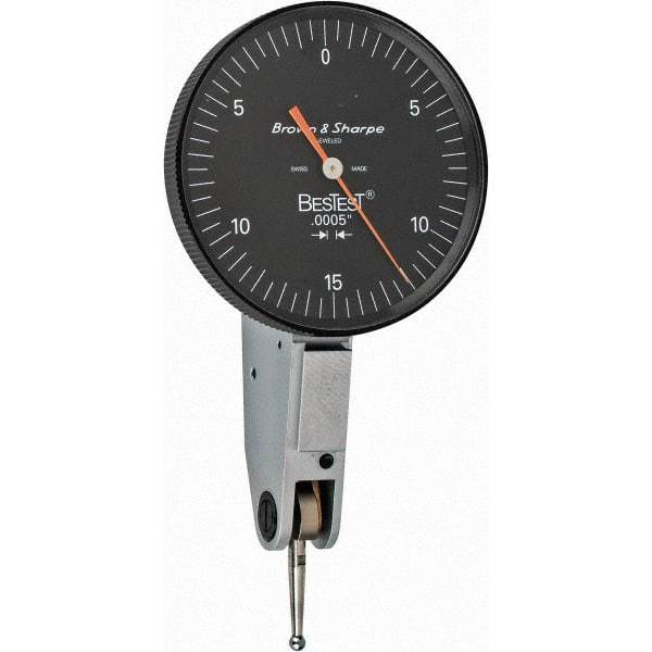 TESA Brown & Sharpe - 0.03 Inch Range, 0.0005 Inch Dial Graduation, Horizontal Dial Test Indicator - 1-1/2 Inch Black Dial, 0-15-0 Dial Reading - Industrial Tool & Supply