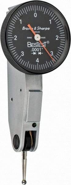 TESA Brown & Sharpe - 0.008 Inch Range, 0.0001 Inch Dial Graduation, Horizontal Dial Test Indicator - 1 Inch Black Dial, 0-4-0 Dial Reading - Industrial Tool & Supply