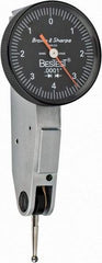 TESA Brown & Sharpe - 0.008 Inch Range, 0.0001 Inch Dial Graduation, Horizontal Dial Test Indicator - 1 Inch Black Dial, 0-4-0 Dial Reading - Industrial Tool & Supply