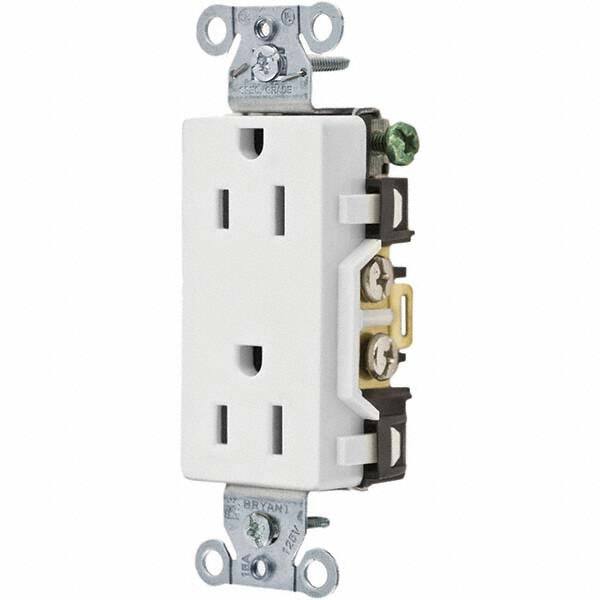 Bryant Electric - Straight Blade Receptacles; Receptacle Type: Duplex Receptacle ; Grade: Commercial ; Color: White ; NEMA Configuration: 5-15R ; Amperage: 15 ; Voltage: 125 V - Exact Industrial Supply