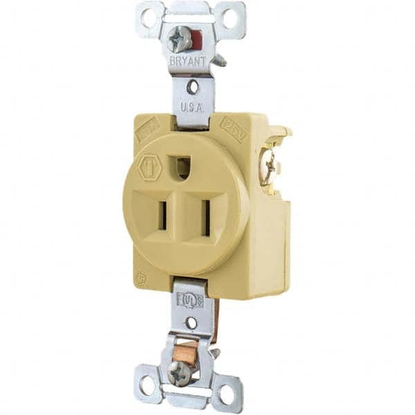 Bryant Electric - Straight Blade Receptacles; Receptacle Type: Single Receptacle ; Grade: Industrial ; Color: Ivory ; NEMA Configuration: 5-15R ; Amperage: 15 ; Voltage: 125 V - Exact Industrial Supply