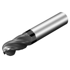 Ball End Mill: 0.375″ Dia, 1″ LOC, 4 Flute, Solid Carbide 2-1/2″ OAL, 3/8″ Shank Dia, 36.5 ° Helix, AlTiN Coated, Single End, Series CoroMill Dura