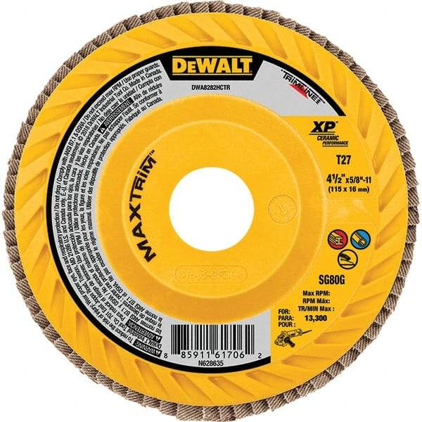 DeWALT - 80 Grit, 4-1/2" Disc Diam, Type 27 Ceramic Flap Disc - 13,300 Max RPM, Poly Cotton Backing, Arbor Attaching System, Coated - Industrial Tool & Supply