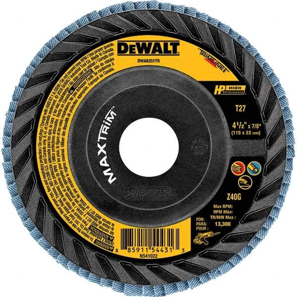DeWALT - 80 Grit, 4-1/2" Disc Diam, Type 27 Zirconia Alumina Flap Disc - 13,300 Max RPM, Poly Cotton Backing, Arbor Attaching System, Coated - Industrial Tool & Supply