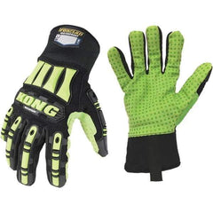 ironCLAD - Size M (8), ANSI Cut Lvl A1, Abrasion Lvl 5, Cut Resistant Gloves - 11" Long, Uncoated, Polyester Lining, Slip-On Cuff, Black/Green, Paired - Industrial Tool & Supply