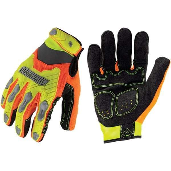 ironCLAD - Size M (8), ANSI Cut Lvl A2, Abrasion Lvl 3, Cut Resistant Gloves - 8.75" Long, Uncoated, Unlined, Hook & Loop Cuff, Hi-Vis Orange/Yellow, Paired - Industrial Tool & Supply