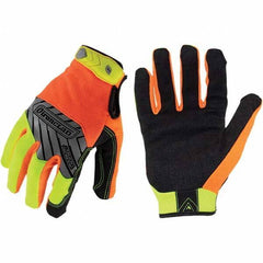 ironCLAD - Size L (9), ANSI Cut Lvl A2, Abrasion Lvl 3, Cut Resistant Gloves - 9" Long, Uncoated, Unlined, Hook & Loop Cuff, Hi-Vis Orange/Yellow, Paired - Industrial Tool & Supply
