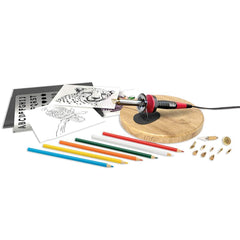 Soldering Iron & Torch Kits; Type: Woodburning Iron Kit; Contents: 4X4″ Practice Board; 8″ Round Wood Plaque; Weller Woodburning Iron and 1 Soldering; 3 Branding and 6 Woodburning Tips; Minimum Watts: 25; Number of Pieces: 28.000; Contents: 4X4″ Practice