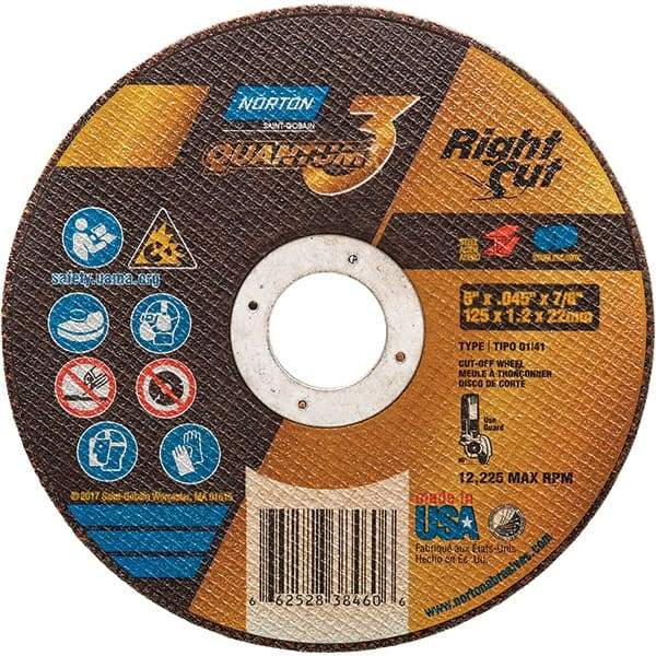 Norton - 5" 46 Grit Ceramic Alumina Cutoff Wheel - 0.045" Thick, 7/8" Arbor, 12,225 Max RPM, Use with Angle Grinders - Industrial Tool & Supply