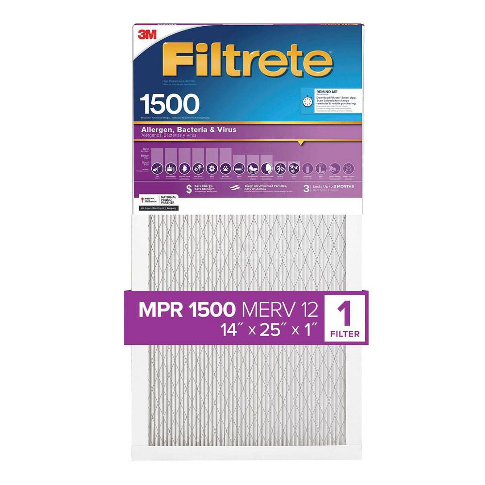 Pleated Air Filter: 14 x 25 x 1″, MERV 12, 90% Efficiency Polypropylene