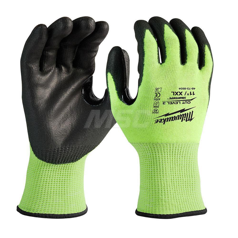 Cut, Puncture & Abrasive-Resistant Gloves: Size 2XL, ANSI Cut A3, ANSI Puncture 0, Nitrile, Polyurethane High-Visibility Yellow, Palm & Fingers Coated, Polyester Lined, Polyurethane Back, Smooth Grip, ANSI Abrasion 0