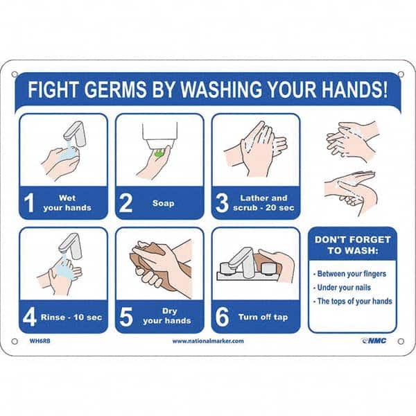 NMC - "Fight Germs By Washing Your Hands!", 14" Wide x 10" High, Rigid Plastic Safety Sign - Industrial Tool & Supply