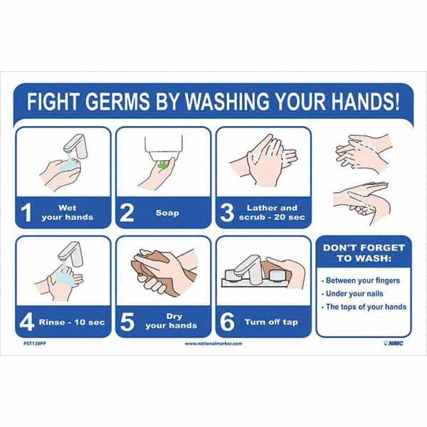 NMC - 1 5-Piece "Fight Germs By Washing Your Hands!", 12" Wide x 18" High, Paper Safety Sign - Industrial Tool & Supply
