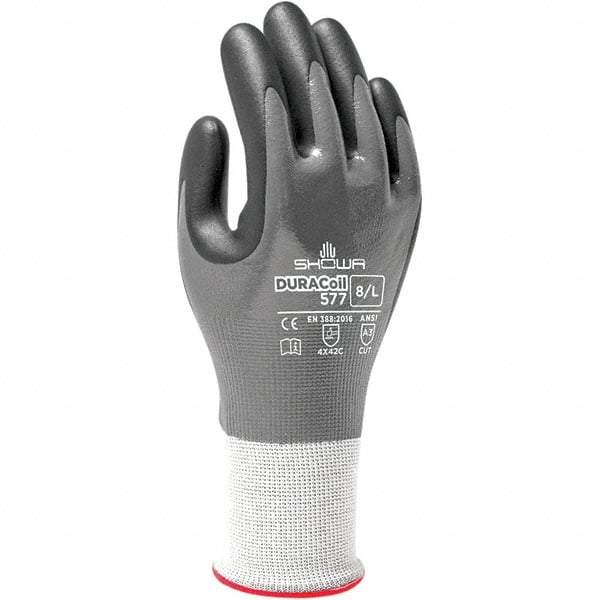 SHOWA - Size S (6), ANSI Cut Lvl A3, Puncture Lvl 2, Abrasion Lvl 4, Nitrile Coated ATA/HPPE Blend Cut & Puncture Resistant Gloves - Fully Coated Coated, DURACoil Lining, Knit Wrist, Gray/White, Paired - Industrial Tool & Supply