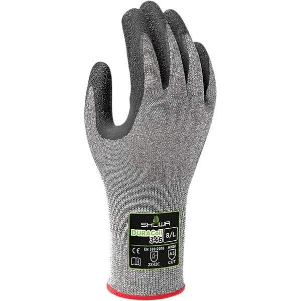 SHOWA - Size S (6), ANSI Cut Lvl A3, Puncture Lvl 2, Abrasion Lvl 2, Latex Coated ATA/HPPE Blend Cut & Puncture Resistant Gloves - Palm & Fingers Coated, DURACoil Lining, Knit Wrist, Gray/Black, Paired - Industrial Tool & Supply