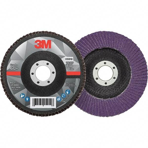 3M - 5" Disc Diam, 7/8" Center Hole, Type 29 Ceramic Flap Disc - 12,000 Max RPM, Fiberglass Backing, Arbor Attaching System, Coated - Industrial Tool & Supply