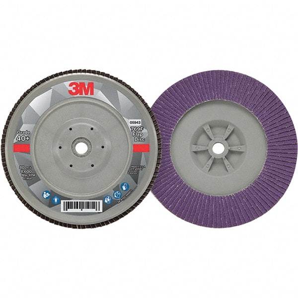 3M - 7" Disc Diam, 5/8-11 Center Hole, Type 29 Ceramic Flap Disc - 8,600 Max RPM, Plastic Backing, Arbor Attaching System, Coated - Industrial Tool & Supply