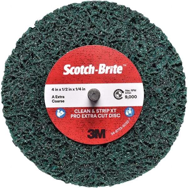 3M - 4" Extra Coarse Grade Aluminum Oxide Deburring Disc - 1/4" Center Hole, Quick Change Connection, Green, 12,000 Max RPM - Industrial Tool & Supply