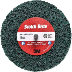 3M - 4" Extra Coarse Grade Aluminum Oxide Deburring Disc - 1/4" Center Hole, Quick Change Connection, Green, 12,000 Max RPM - Industrial Tool & Supply