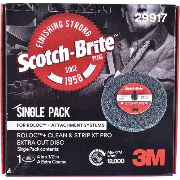 3M - 4" Extra Coarse Grade Aluminum Oxide Deburring Disc - 1/2" Center Hole, Quick Change Connection, Green, 12,000 Max RPM - Industrial Tool & Supply
