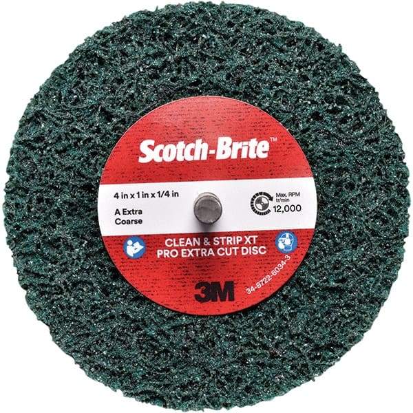3M - 4" Extra Coarse Grade Aluminum Oxide Deburring Disc - 1/4" Center Hole, Quick Change Connection, Green, 12,000 Max RPM - Industrial Tool & Supply