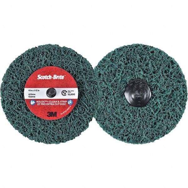 3M - 4" Extra Coarse Grade Aluminum Oxide Deburring Disc - 1/2" Center Hole, Quick Change Connection, Green, 12,000 Max RPM - Industrial Tool & Supply