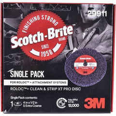 3M - 4" Extra Coarse Grade Silicon Carbide Deburring Disc - 1/2" Center Hole, Quick Change Connection, Purple, 12,000 Max RPM - Industrial Tool & Supply