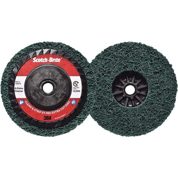 3M - 5" Extra Coarse Grade Aluminum Oxide Deburring Disc - 5/8-11 Threaded Center Hole, Quick Change Connection, Green, 12,000 Max RPM - Industrial Tool & Supply