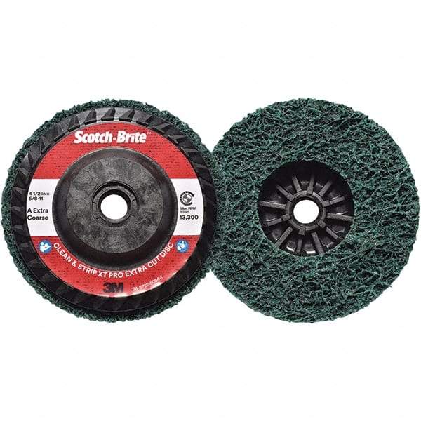 3M - 4-1/2" Extra Coarse Grade Aluminum Oxide Deburring Disc - 5/8-11 Threaded Center Hole, Quick Change Connection, Green, 13,300 Max RPM - Industrial Tool & Supply