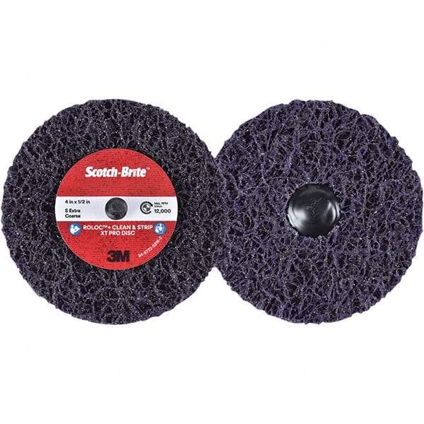 3M - 4" Extra Coarse Grade Silicon Carbide Deburring Disc - 1/2" Center Hole, Quick Change Connection, Purple, 12,000 Max RPM - Industrial Tool & Supply