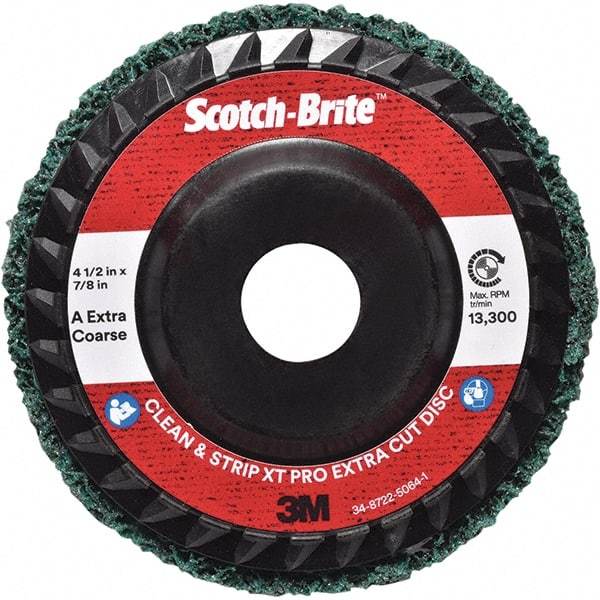 3M - 4-1/2" Extra Coarse Grade Aluminum Oxide Deburring Disc - 7/8" Center Hole, Quick Change Connection, Green, 13,300 Max RPM - Industrial Tool & Supply