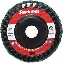 3M - 4-1/2" Extra Coarse Grade Aluminum Oxide Deburring Disc - 7/8" Center Hole, Quick Change Connection, Green, 13,300 Max RPM - Industrial Tool & Supply