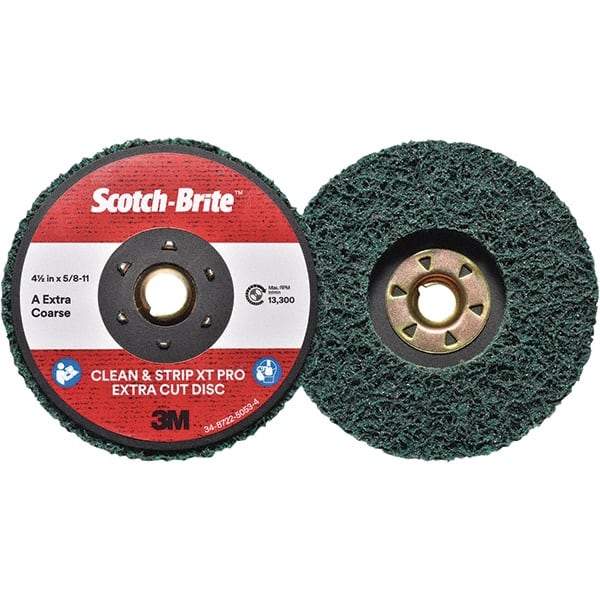 3M - 4-1/2" Extra Coarse Grade Aluminum Oxide Deburring Disc - 5/8-11 Threaded Center Hole, Quick Change Connection, Green, 13,300 Max RPM - Industrial Tool & Supply