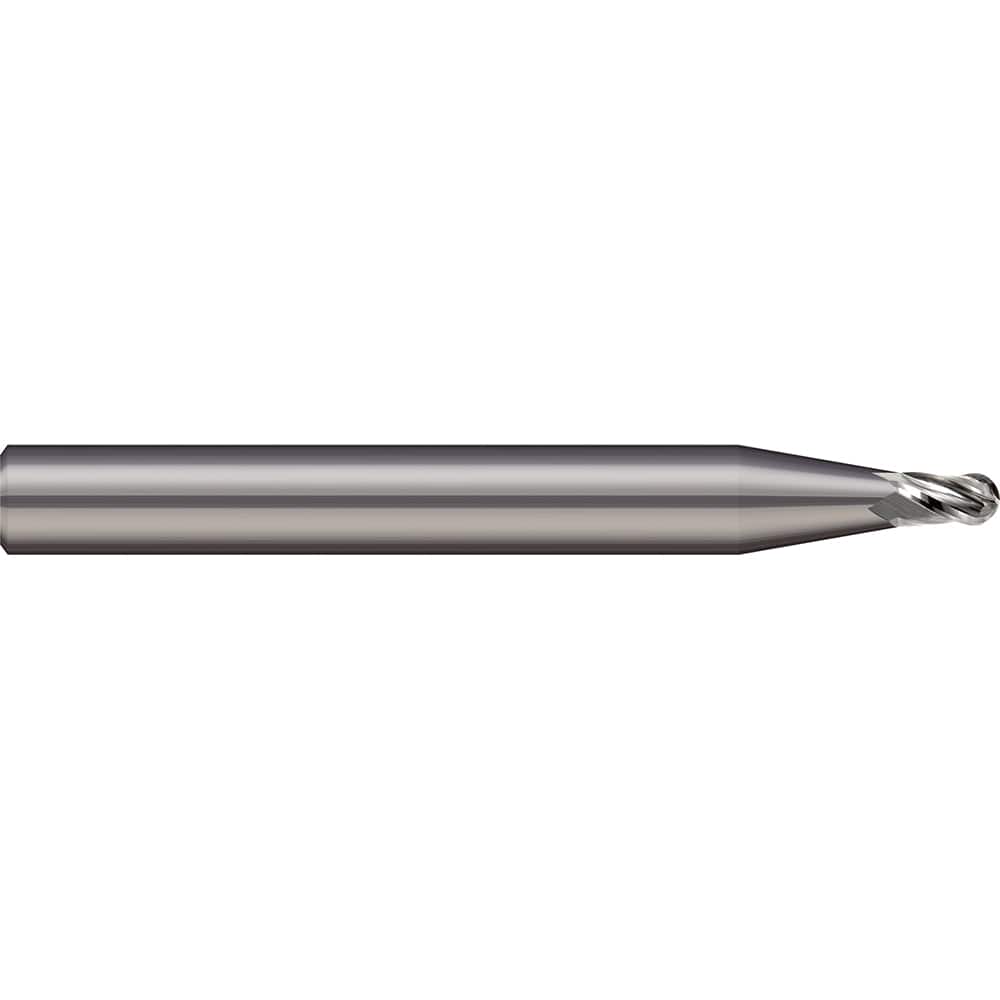 Ball End Mill: 0.04″ Dia, 0.06″ LOC, 2 Flute, Solid Carbide 1-1/2″ OAL, 1/8″ Shank Dia, 20 ° Helix, Uncoated, Single End