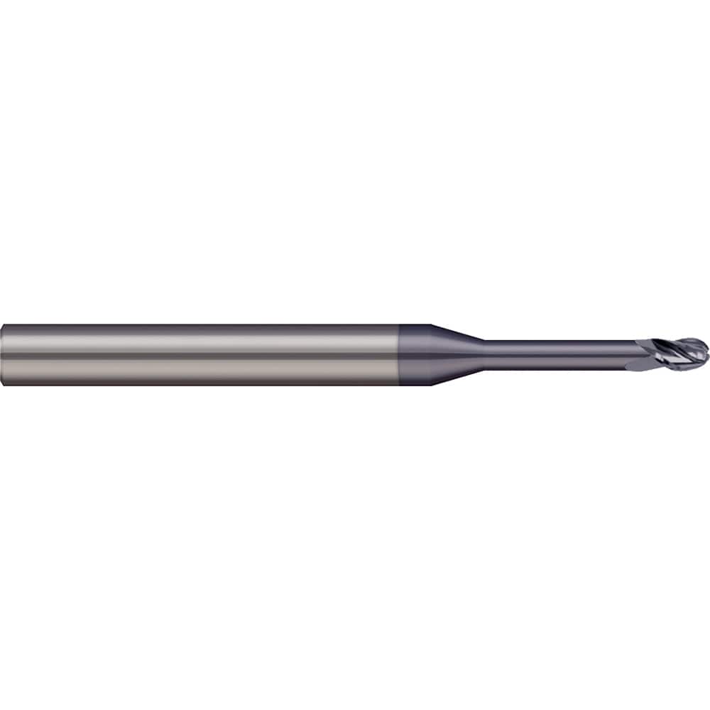 Ball End Mill: 0.06″ Dia, 0.09″ LOC, 3 Flute, Solid Carbide 2″ OAL, 1/8″ Shank Dia, 20 ° Helix, nACRo Coated, Single End