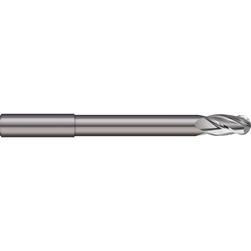Ball End Mill: 0.0157″ Dia, 0.0157″ LOC, 2 Flute, Solid Carbide 50 mm OAL, 4 mm Shank Dia, 30 ° Helix, Uncoated, Single End