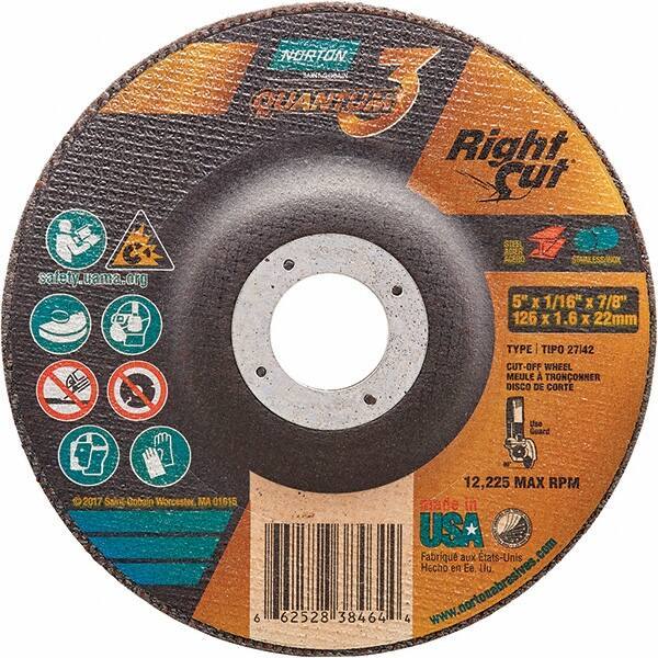 Norton - 36 Grit, 5" Wheel Diam, 1/16" Wheel Thickness, 7/8" Arbor Hole, Type 27 Depressed Center Wheel - Coarse Grade, Ceramic Alumina, Resinoid Bond, 12,225 Max RPM - Industrial Tool & Supply