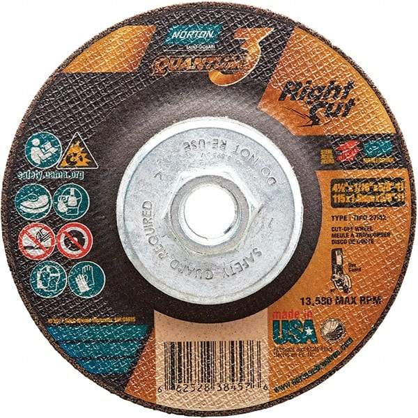 Norton - 36 Grit, 4-1/2" Wheel Diam, 1/16" Wheel Thickness, Type 27 Depressed Center Wheel - Coarse Grade, Ceramic Alumina, Resinoid Bond, 13,580 Max RPM - Industrial Tool & Supply
