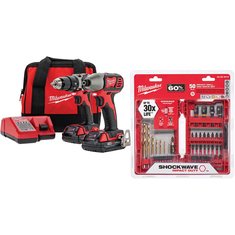 Cordless Tool Combination Kit: 18V (2) 18V RED Lithium-Ion Batteries, Carrying Case, Charger, 50Pc Bit/Socket Impact Drill Drive Set
