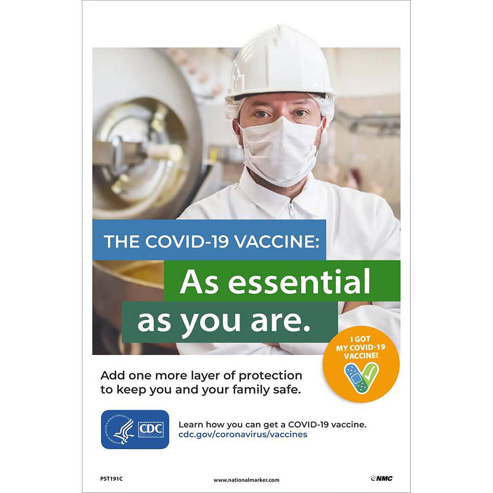 NMC - Training & Safety Awareness Posters; Subject: General Safety & Accident Prevention ; Training Program Title: General Health & Safety ; Message: THE COVID-19 VACCINE: AS ESSENTIAL AS YOU ARE. ; Series: Safety & Health ; Language: English ; Backgroun - Exact Industrial Supply